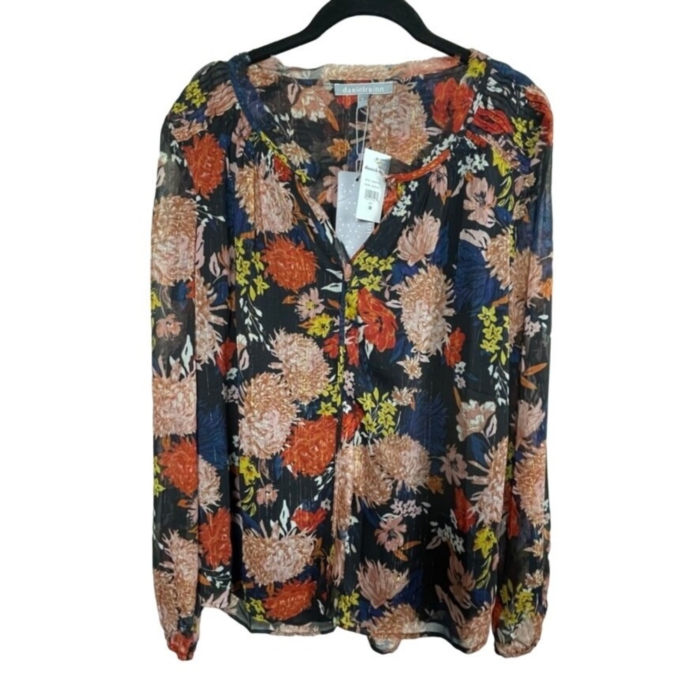 NWT Daniel Rainn Top Sz M Black‎ Floral Metallic Stripes Pleated Long Sleeve